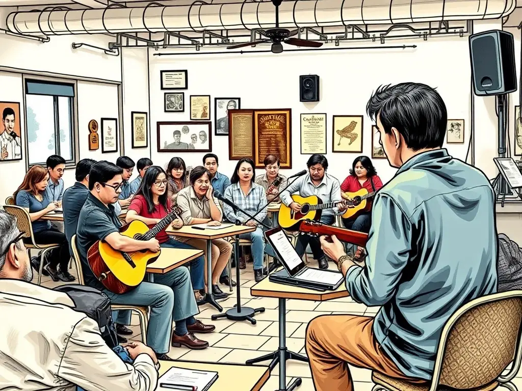 A hands-on musical workshop where participants are learning to play traditional Breton instruments like the bombarde and biniou, guided by a skilled musician.
