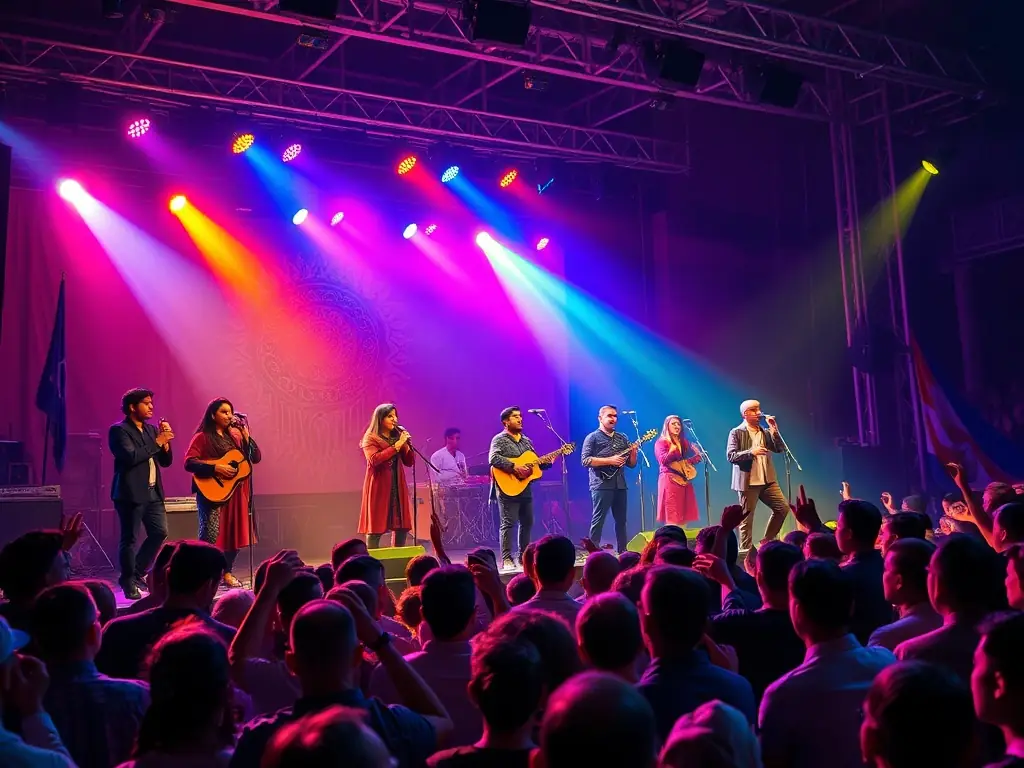 A vibrant concert scene featuring Kevrenn An Daou Loupard performing traditional Breton music on stage, with colorful costumes and traditional instruments.