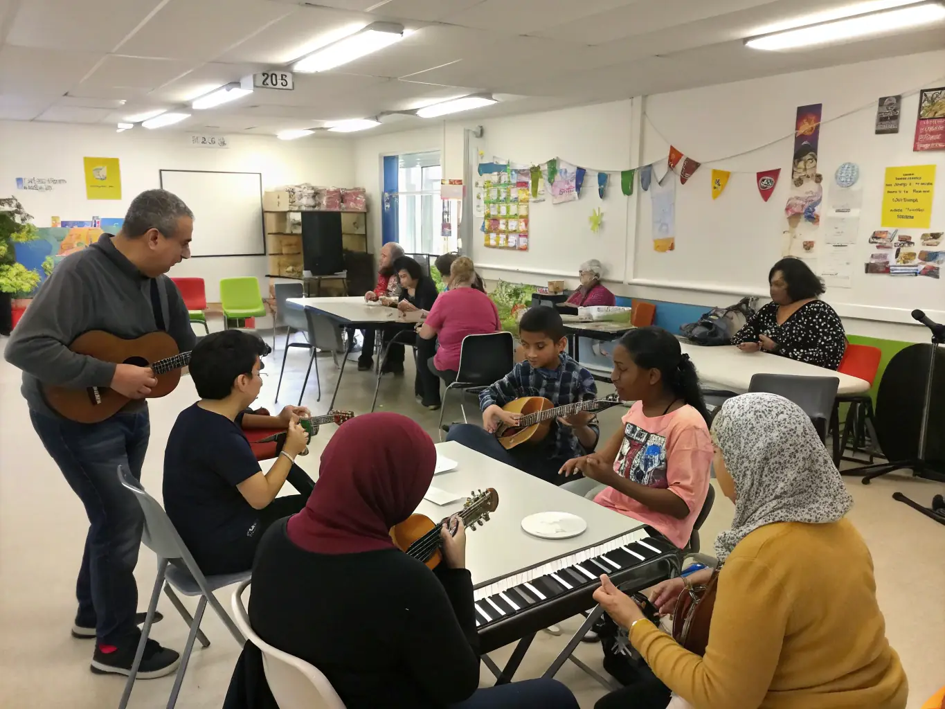 A photograph of a musical workshop in progress, featuring participants of various ages learning to play traditional Breton instruments under the guidance of experienced instructors. The atmosphere is friendly and supportive.