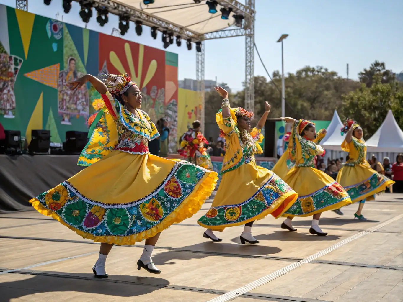 A dynamic image of a group of dancers performing a traditional Breton dance, dressed in colorful costumes. The dancers are moving in unison, and the image captures the energy and excitement of the performance.